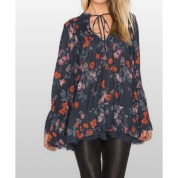 Free People Pebble Crepe Floral So Fine Smoked Boho Tunic Top Women's Size Small - Picture 6 of 8